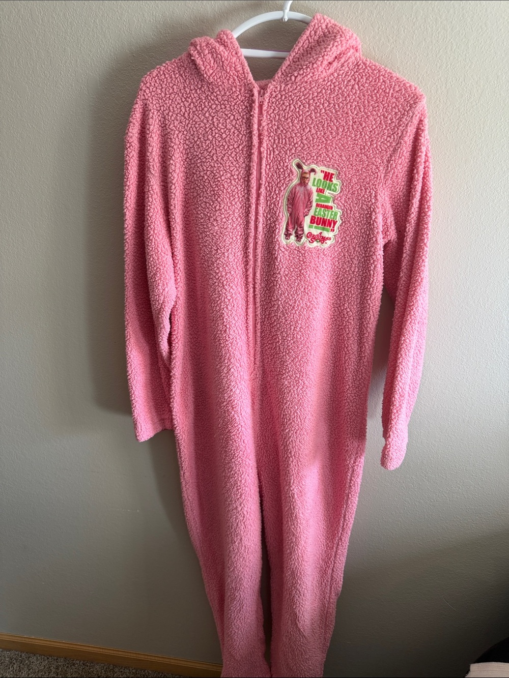Women's Pink Hooded Sherpa One-Piece Pajama Romper Christmas Story Adult Small